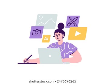 Una mujer creadora o diseñadora de contenido trabaja en un portátil. Diseño de creación para objetivos de marketing y promoción utilizando programas modernos. Ilustración plana de Vector de moda aislada sobre un fondo blanco.