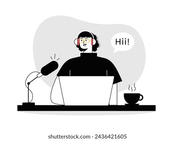 Female content creator in glasses is podcasting with microphone, headphones, laptop and coffee, black and white style. Character design. Vector flat illustration