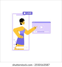 Female Content Creator Hosting Live Video In Flat Vector Illustration Symbolizing Digital Streaming, Social Media Interaction, And Online Engagement, Isolated On White Background