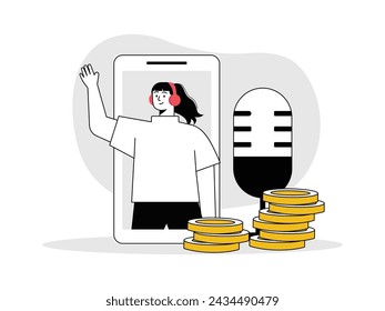 Female content creator making money through podcast, black and white style. Character design. Vector flat illustration