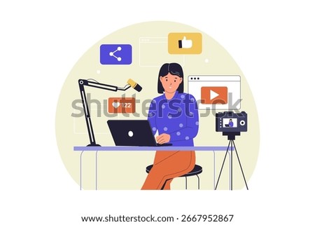 Female Content Creator Recording Video and Streaming Illustration. Vector Flat Illustration