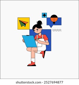 Female content creator reviewing ideas on tablet in flat vector illustration symbolizing creative thinking, content strategy, and media planning, isolated on white background.