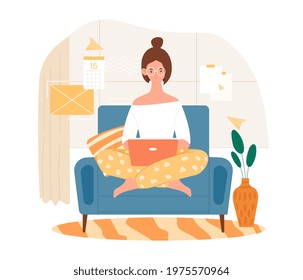 Female content manager is working on her laptop at home remotely. Relaxed female character is sitting in armchair with laptop working from the comfort of her home. Flat cartoon vector illustration