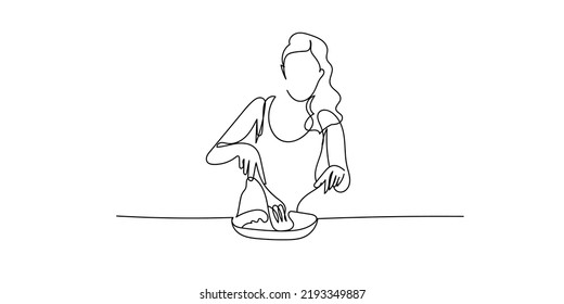 Female Continuous Line Cooking. Female Chef Cooking Line Art. Line Drawing Busy Housewife Cooking Daily Activities