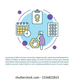 Female contraception article page vector template. Protection from unwanted pregnancy. Brochure, magazine, booklet design element with linear icons. Print design. Concept illustrations with text