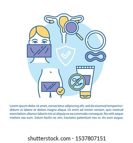 Female contraceptives article page vector template. Unwanted pregnancy protection. Safe sex. Brochure, magazine, booklet design element with linear icons. Print design. Concept illustrations with text