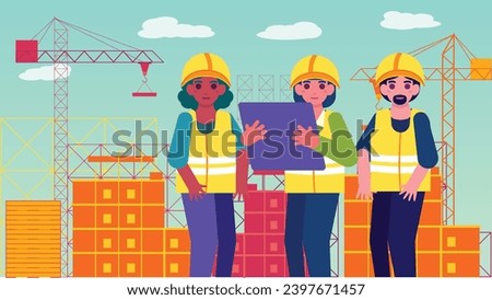 Female Contractor inspecting a construction site with workers, people wearing helmets looking at a sketch plan. Professional civil engineers and builders team management building process. Flat Vector.