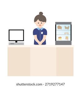 female convenience store clerk serving customers ｜a minimal and flat illustration