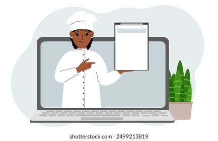 Female cook in a cap. Video, online ordering, menu. Vector flat illustration