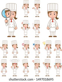 Female cook facial expressions and poses set illustration