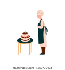 Female Cook Making and Decorating Cake, Professional Confectioner Character in Uniform Vector Illustration