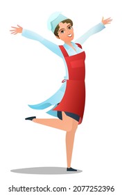 Female cook in overalls. Girl from kitchen in an apron. Cheerful person. Standing pose. Cartoon comic style flat design. Single character. Illustration isolated on white background. Vector.
