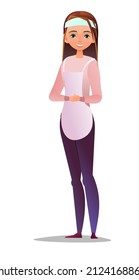 Female cook in overalls. Little Girl from kitchen in an apron. Cheerful person. Standing pose. Cartoon comic style flat design. Single character. Illustration isolated on white background. Vector.