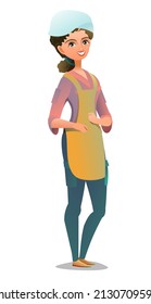 Female cook in overalls. Little Girl from kitchen in an apron. Cheerful person. Standing pose. Cartoon comic style flat design. Single character. Illustration isolated on white background. Vector.