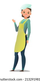 Female cook in overalls. Little Girl from kitchen in an apron. Cheerful person. Standing pose. Cartoon comic style flat design. Single character. Illustration isolated on white background. Vector.