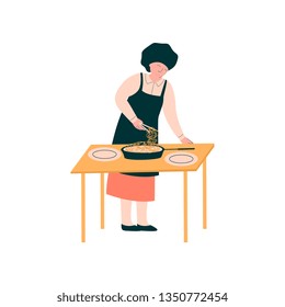 Female Cook Preparing and Serving Dish on Table, Professional Kitchener Character in Uniform Vector Illustration
