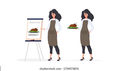 Female cook shows a recipe. Girl in the kitchen apron. Fried Chicken Recipe. Isolated. Vector.