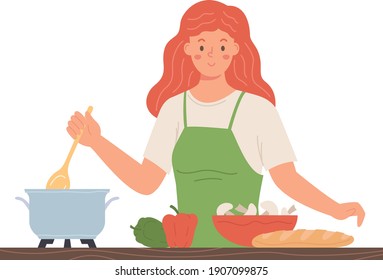 Female cook soup with mushrooms. Flat design illustration. Vector