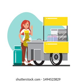 female cook and Trolley noodle  cafe and shop counter with street food fast food ,vector cartoon character