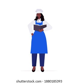 female cook in uniform african american woman chef holding recipe book cooking food industry concept professional restaurant kitchen worker full length vector illustration