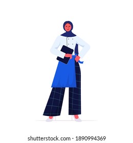 female cook in uniform arab woman chef holding tablet pc cooking food industry concept professional restaurant kitchen worker full length vector illustration