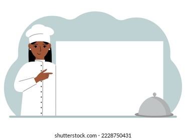 A female cook in uniform and a cap holds a large sheet of paper. Concept for menu, recipe book, blank cookbook or records. Vector flat illustration