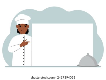 A female cook in uniform and a cap holds a large sheet of paper. Concept for menu, recipe book, blank cookbook or records.