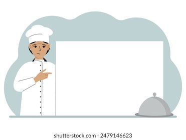 A female cook in uniform and a cap holds a large sheet of paper. Concept for menu, recipe book, blank cookbook or records.