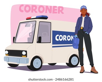 Female Coroner Character In Uniform Standing Beside A Coroner Van. Woman Carrying A Medical Bag, Symbolizing Forensic Investigation And Law Enforcement. Cartoon People Vector Illustration