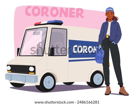 Female Coroner Character In Uniform Standing Beside A Coroner Van. Woman Carrying A Medical Bag, Symbolizing Forensic Investigation And Law Enforcement. Cartoon People Vector Illustration