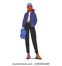 Female Coroner Wearing A Uniform And Holding A Medical Bag. Female Character Prepare For Forensic Duties. Vector Illustration Conveys Themes Of Medical Examination, Investigations, And Law Enforcement