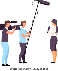 Female correspondent with camera crew with semi flat color vector characters. Full body people on white. Live broadcast isolated modern cartoon style illustration for graphic design and animation