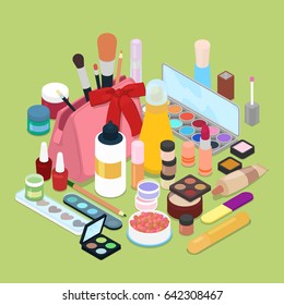 Female Cosmetics Make-Up Set with Powder, Eyeshadow and Lipstick. Isometric vector flat 3d illustration