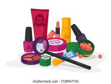 Female Cosmetics Nail Polish, Hand Cream and Lip Balm, Deep Hydration Face Cream, Eye Hydro Gel and Lipstick, Mascara, Powder, Micellar Milk. Eye Shadow Palette Cosmetic. Cartoon Vector Illustration