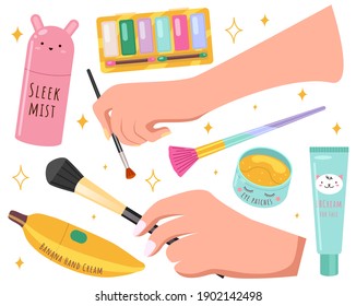 Female cosmetics skin care beauty banner. Vector cosmetics accessories in a woman's hand. Skincare and Makeup. Beauty products fashion collection modern popular set isolated on white background