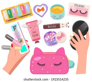 Female cosmetics skin care beauty banner. Vector cosmetics accessories in a woman's hand. Skincare and Makeup. Beauty products fashion collection modern popular set isolated on white background