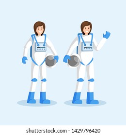 Female cosmonauts in spacesuits flat illustration. Smiling astronauts team standing, waving hand and holding helmets cartoon characters. Space mission, galaxy exploration isolated clipart