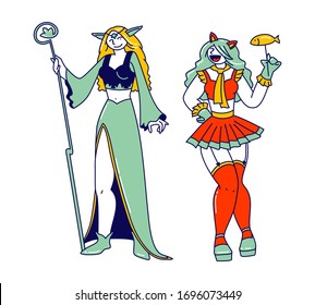 Female Cosplay Characters Wearing Anime and Elf Costumes and Makeup Take Part in Cosplaying Festival. Youth Asian Subculture, Fantasy World, Role Games fro Adults. Linear People Vector Illustration