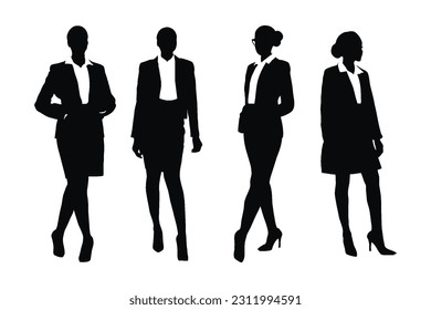 Female counselor silhouette set vector on a white background. Lawyer women with anonymous faces. Female counselor wearing suits silhouette bundle. Girl lawyer model standing silhouette collection.