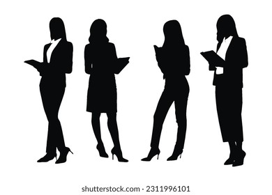 Female counselor wearing suits silhouette bundle. Girl lawyer model standing silhouette collection. Female counselor silhouette set vector on a white background. Lawyer women with anonymous faces.