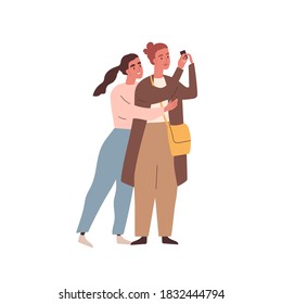 Female couple or friends cuddling and photographing together. Women hugging and taking selfie. Homosexual characters embracing and taking picture. Flat vector cartoon illustration isolated on white