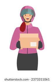 Corredor femenino entregando un paquete. Ilustración plana simple.