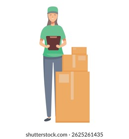 Female courier in green uniform holding clipboard standing next to cardboard boxes