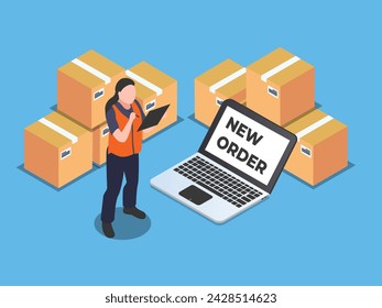 Female courier with new order on laptop and pile of cardboard boxes 3d isometric vector illustration