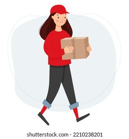 A female courier in a red uniform carries a box. The girl delivers a package. Vector flat illustration.