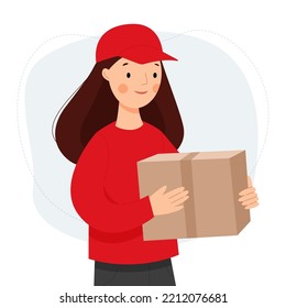 A female courier in a red uniform carries a cardboard box. The woman delivers a package. Vector flat illustration.