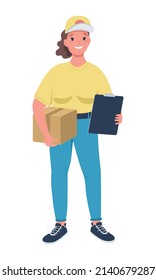 Female courier semi flat color vector character. Standing figure. Full body person on white. Gender equality in workplace simple cartoon style illustration for web graphic design and animation