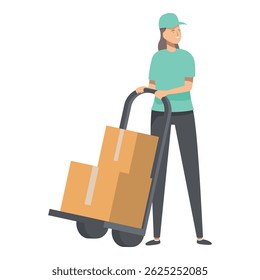 A female courier stands ready with a loaded hand truck, prepared for package delivery