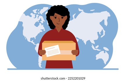 Female courier in uniform holding a box. The concept of delivering parcels around the world. Vector flat illustration