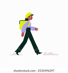 Female Courier Walking With Backpack In Flat Vector Illustration Symbolizing Delivery Services, Urban Logistics, And On Demand Couriers, Isolated On White Background.